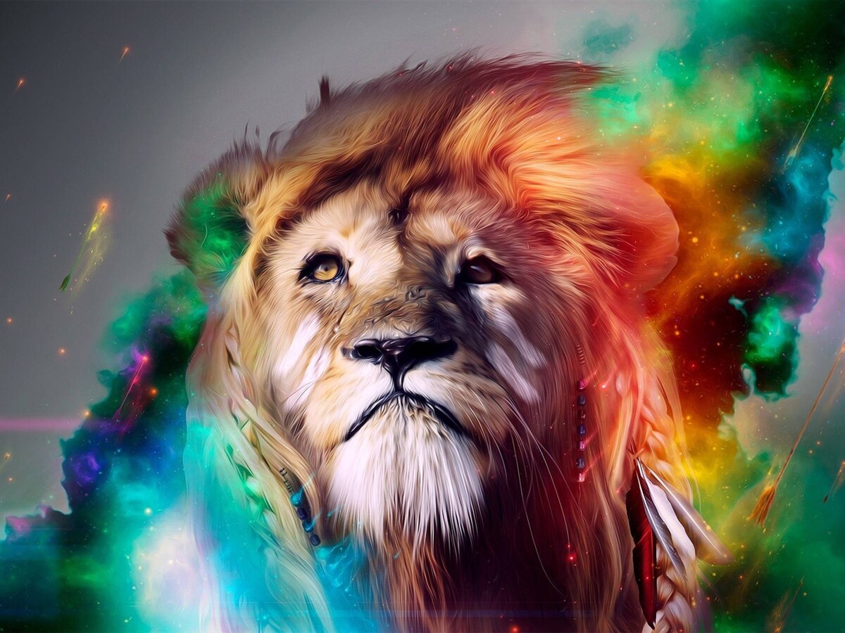 Fotobehang abstract met leeuw in felle kleuren en zijn opvallende manen