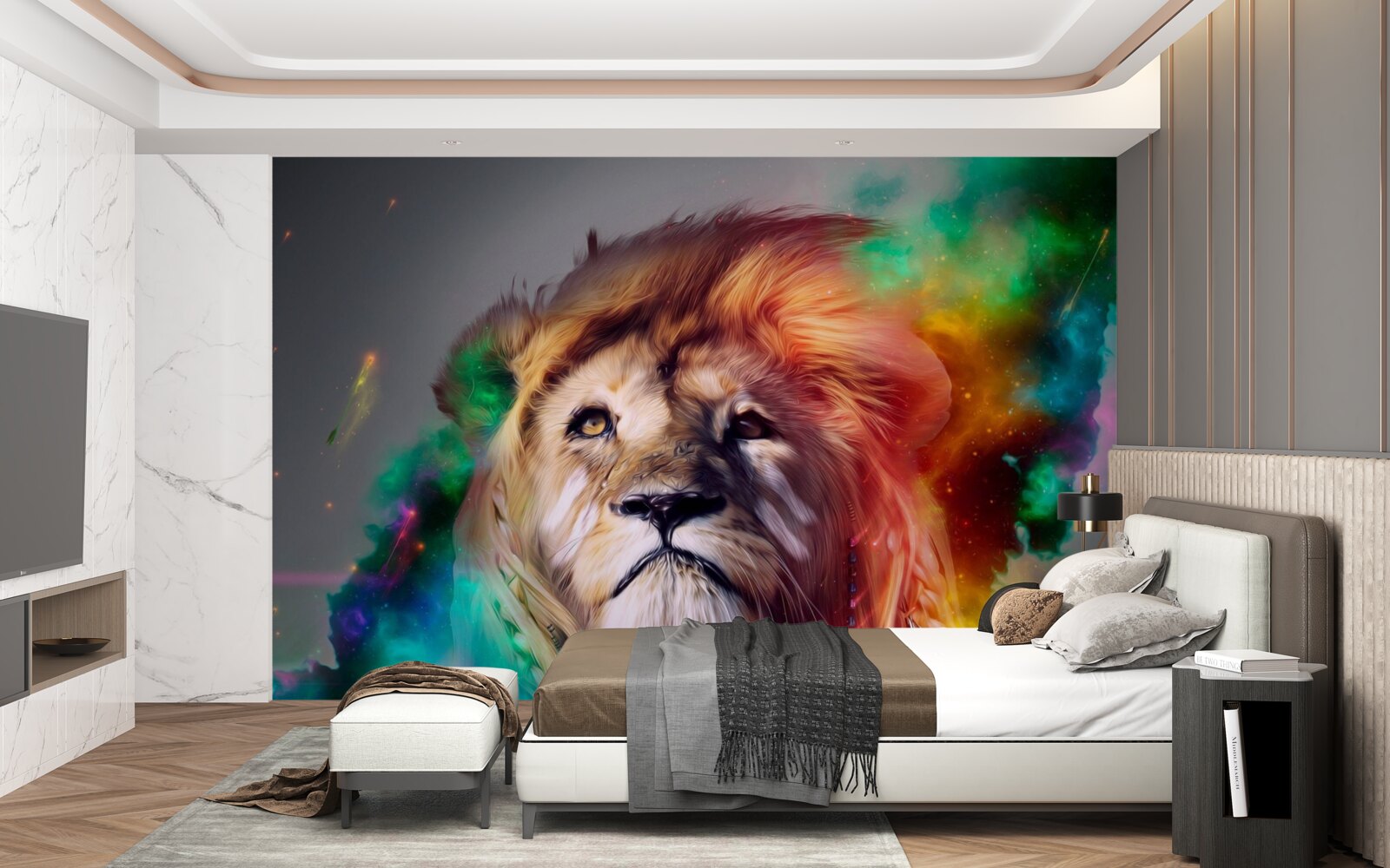 Fotobehang abstract met leeuw in felle kleuren en zijn opvallende manen