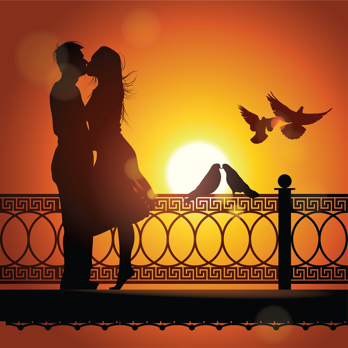 Fotobehang geliefden kussen elkaar tegen de achtergrond van de zonsondergang