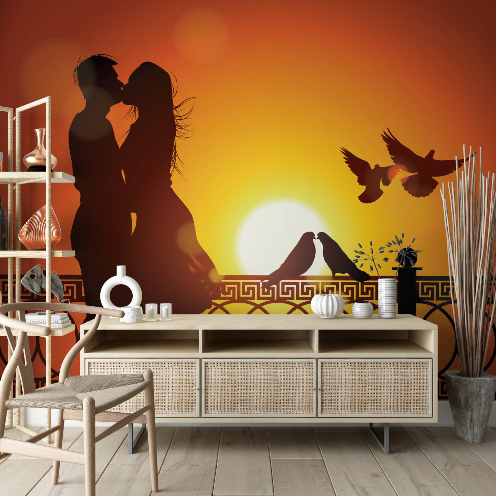 Fotobehang geliefden kussen elkaar tegen de achtergrond van de zonsondergang