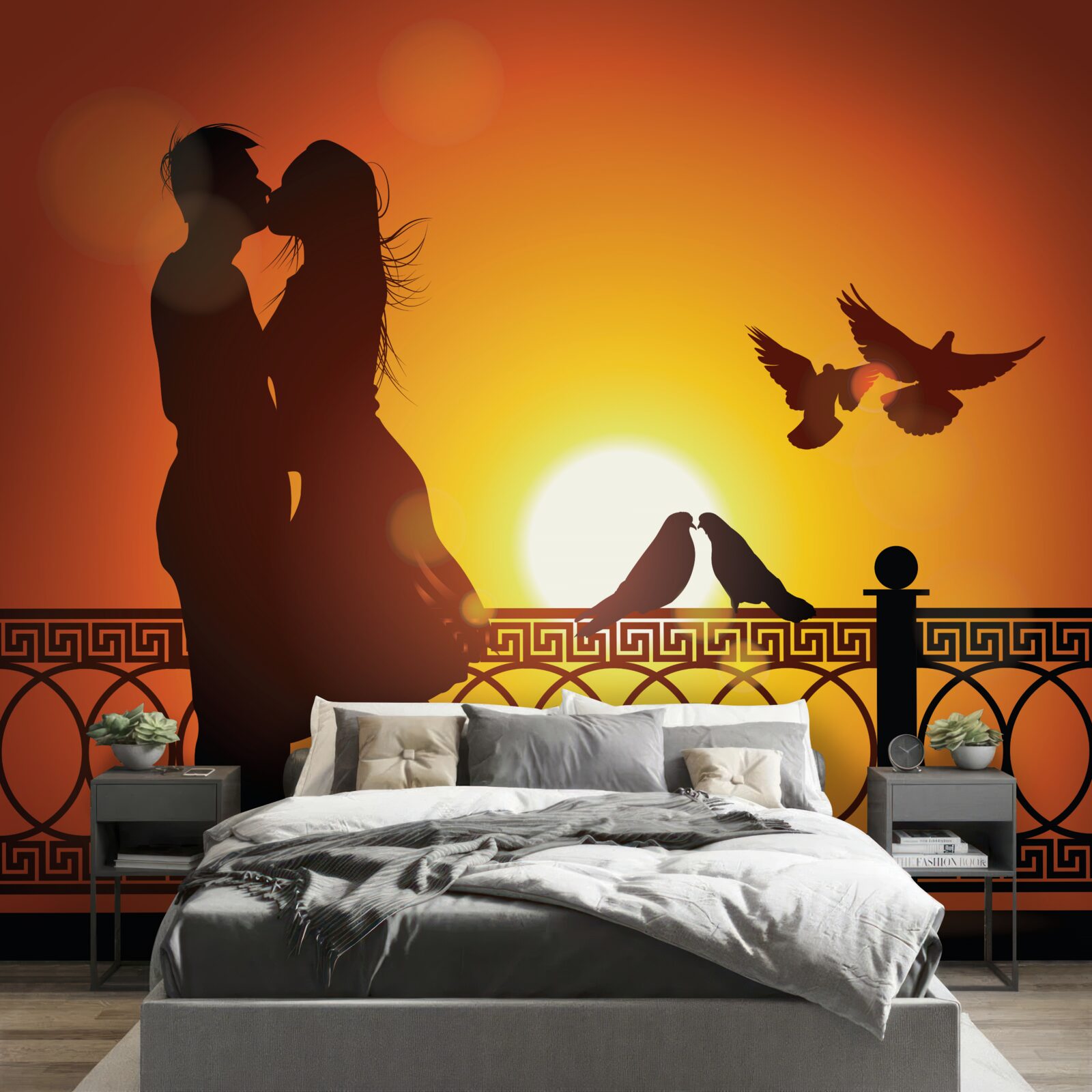 Fotobehang geliefden kussen elkaar tegen de achtergrond van de zonsondergang