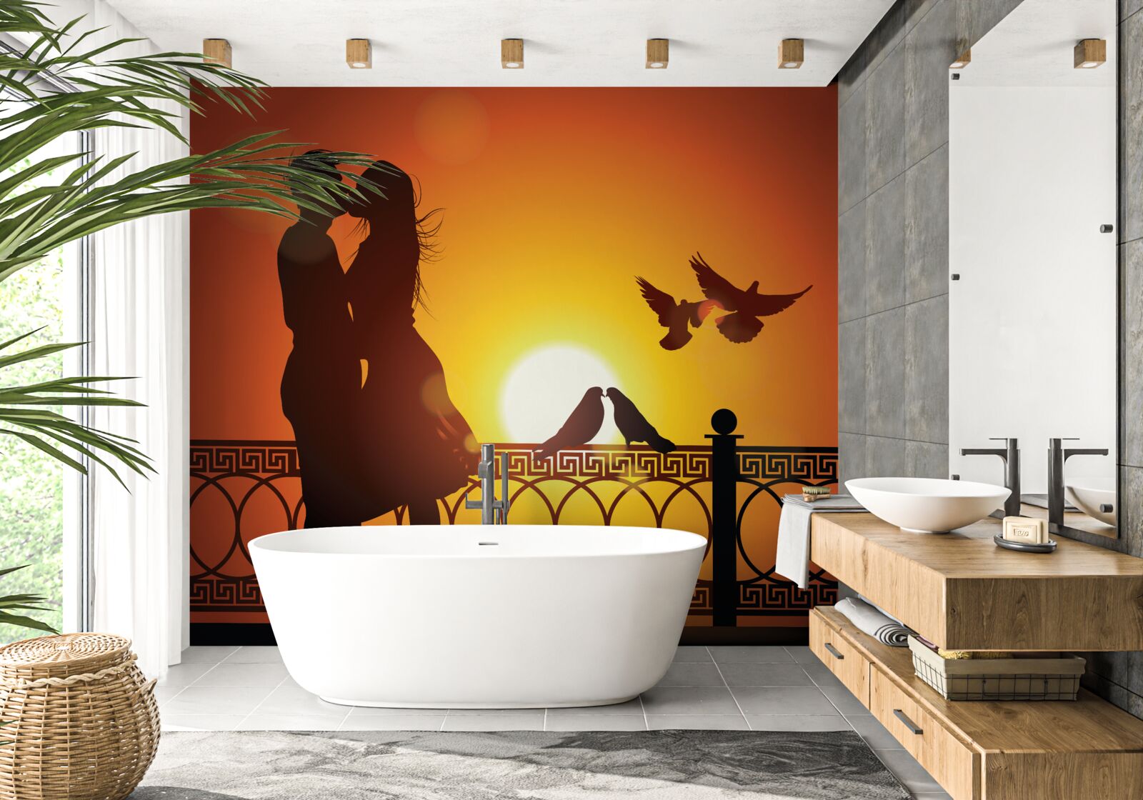 Fotobehang geliefden kussen elkaar tegen de achtergrond van de zonsondergang