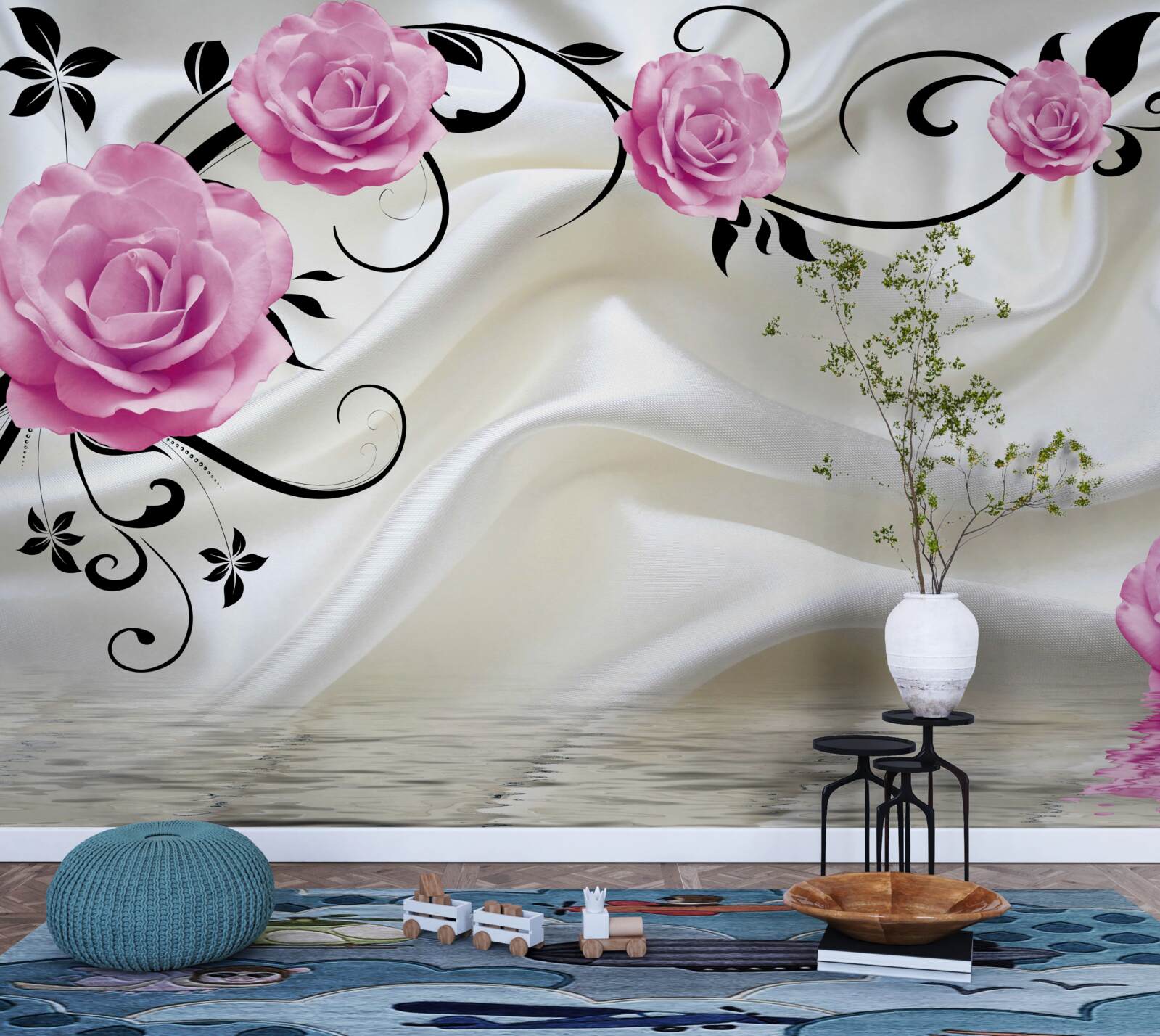 Fotobehang paarse knoppen aan donkere zijden takken