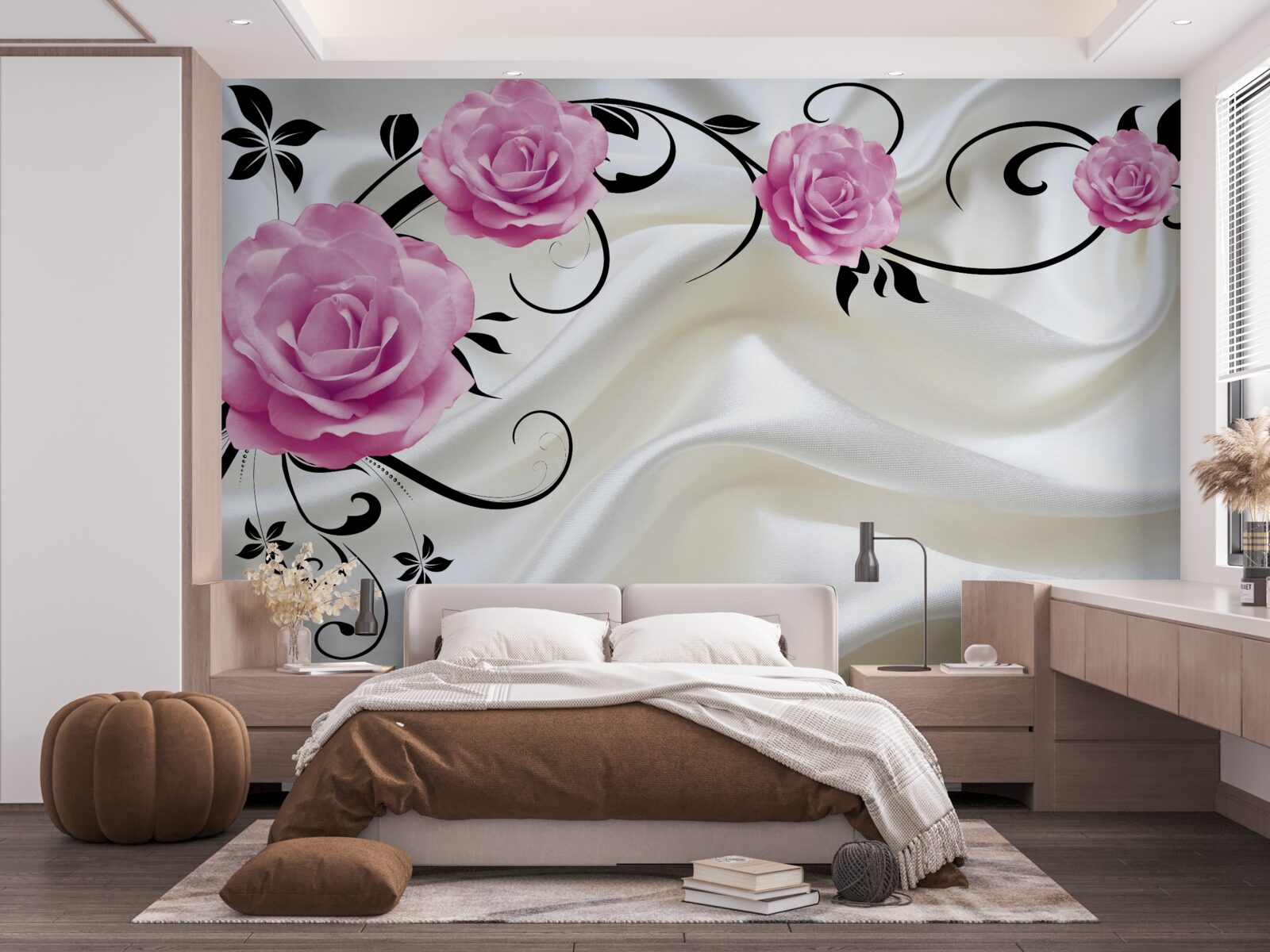 Fotobehang paarse knoppen aan donkere zijden takken