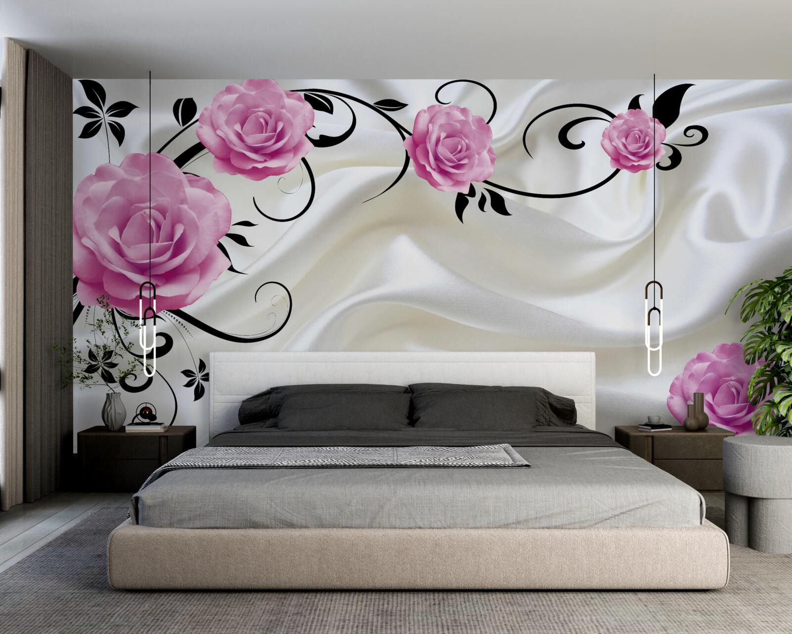 Fotobehang paarse knoppen aan donkere zijden takken