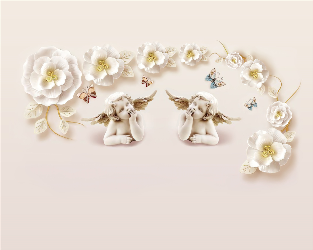 Fotobehang compositie van vlinders en witte knoppen