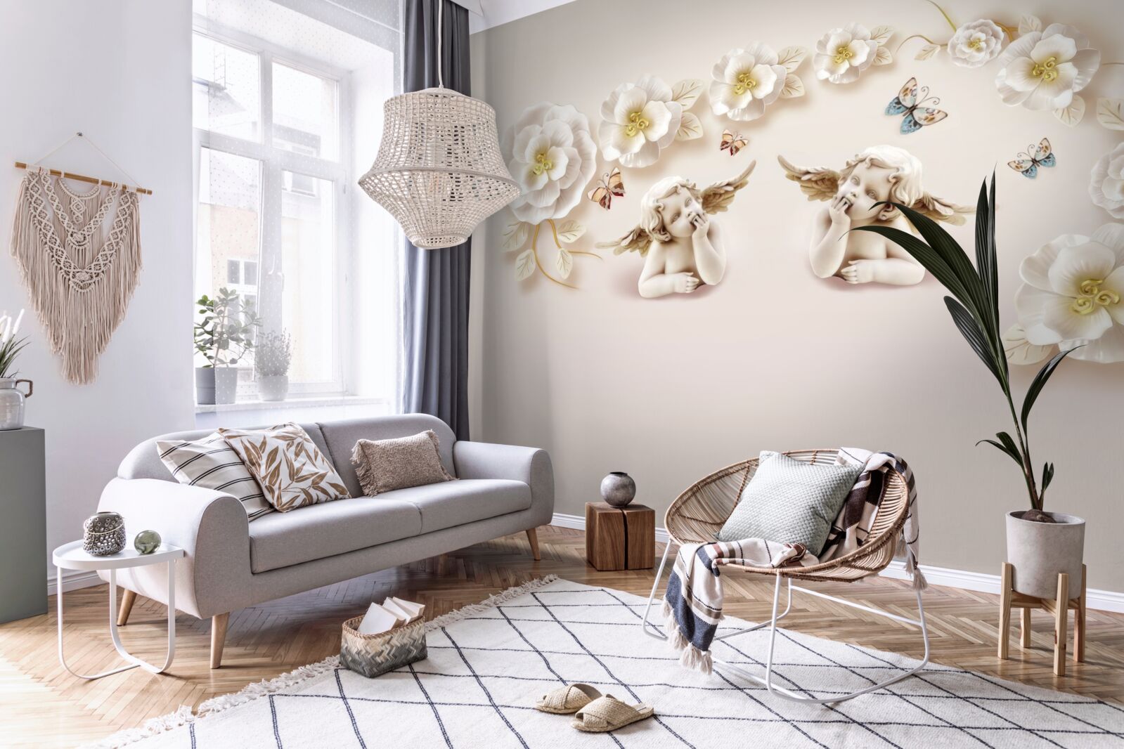 Fotobehang compositie van vlinders en witte knoppen