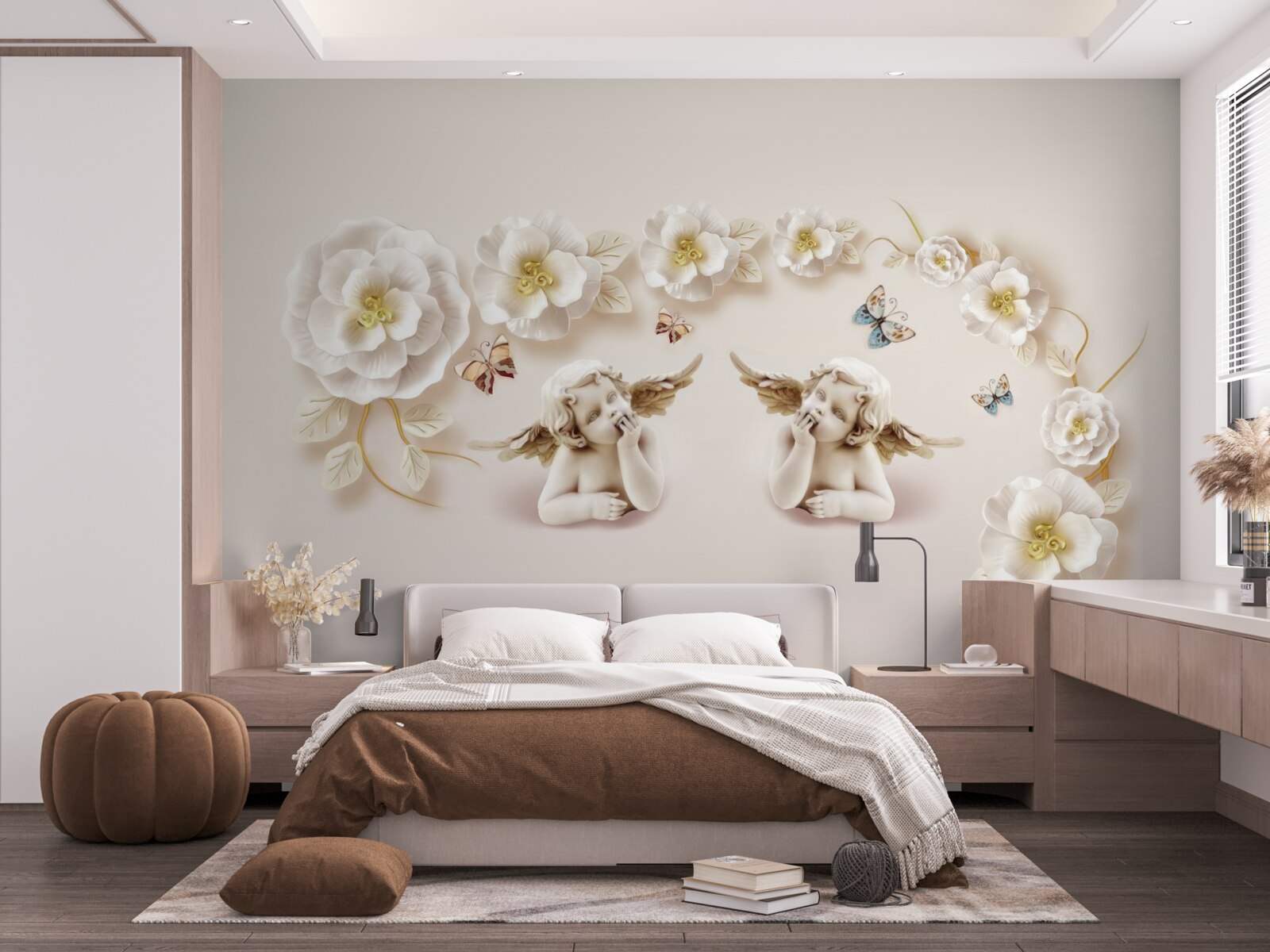 Fotobehang compositie van vlinders en witte knoppen