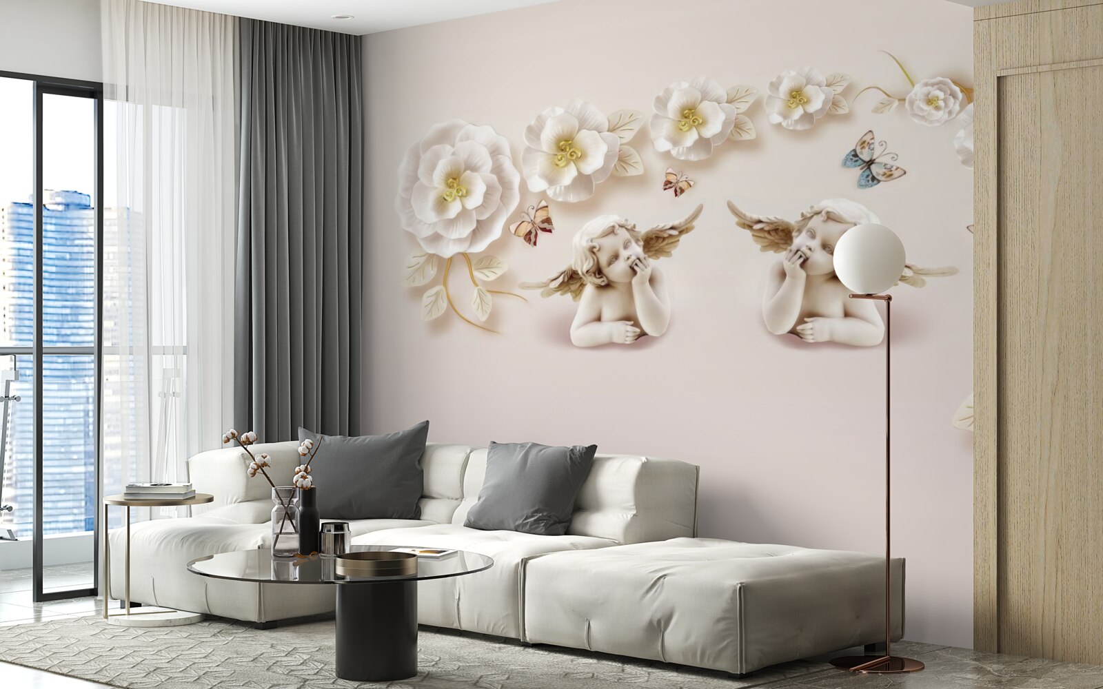 Fotobehang compositie van vlinders en witte knoppen