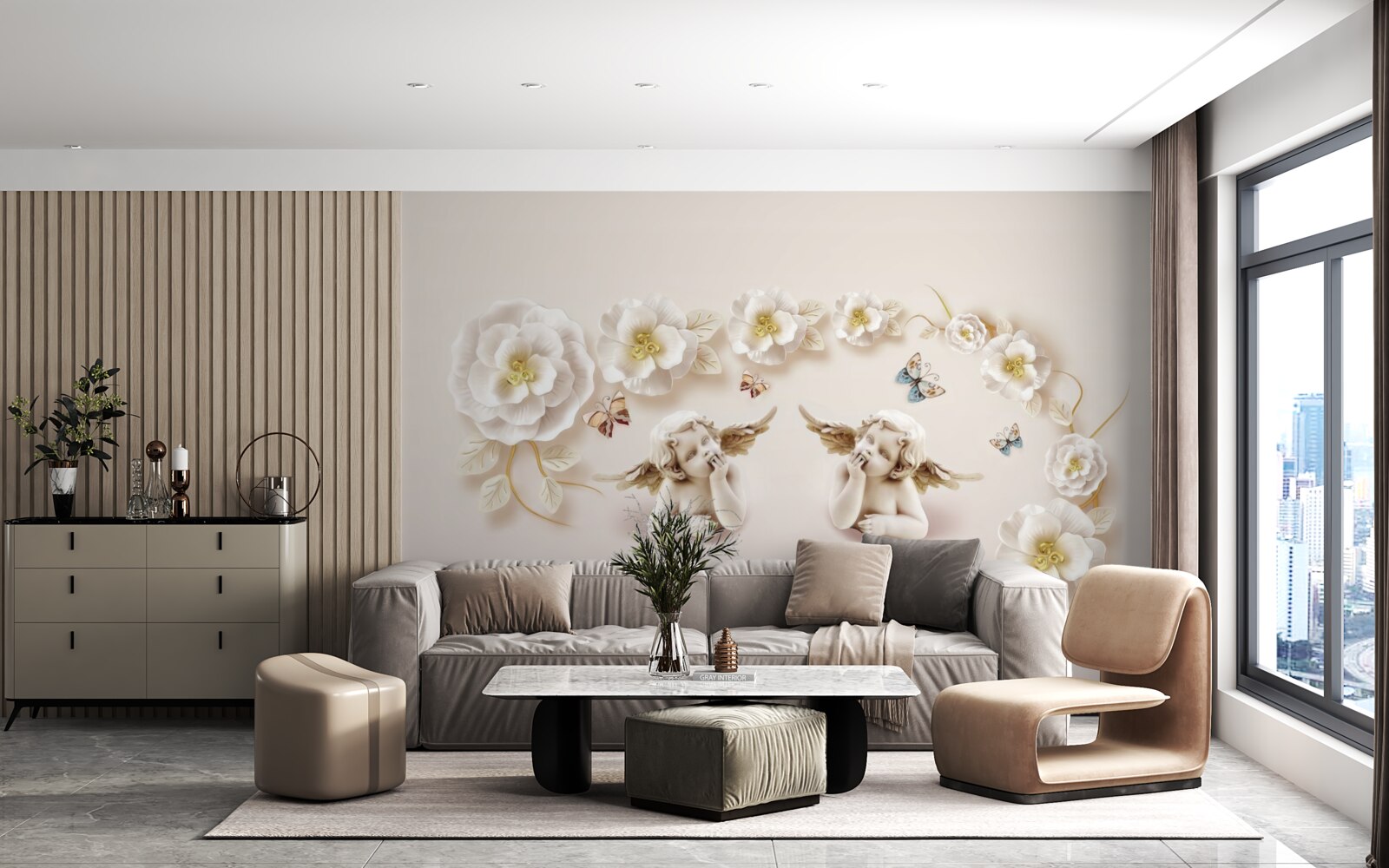 Fotobehang compositie van vlinders en witte knoppen