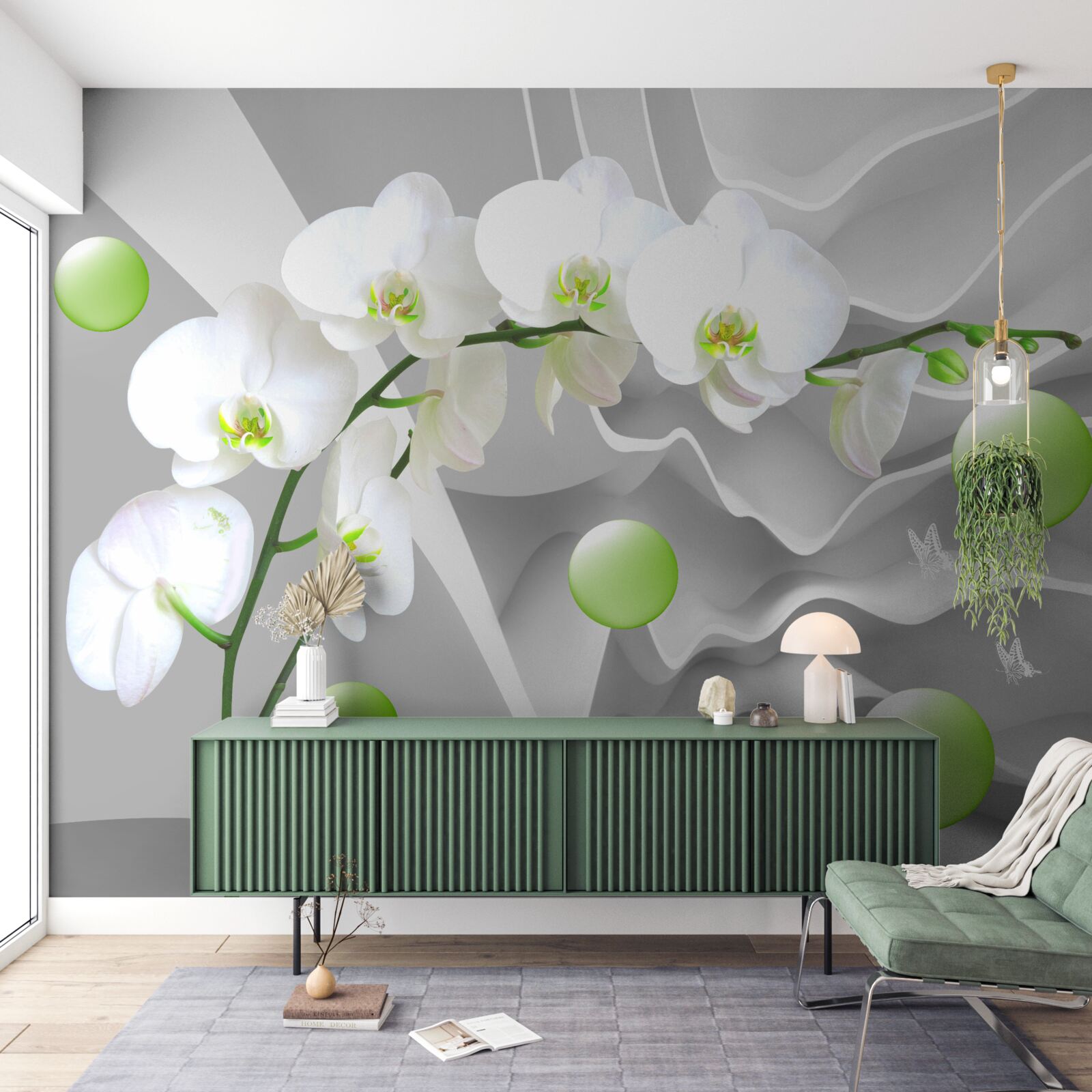 Fotobehang stiekem drijvende groene ballen en bleke orchidee