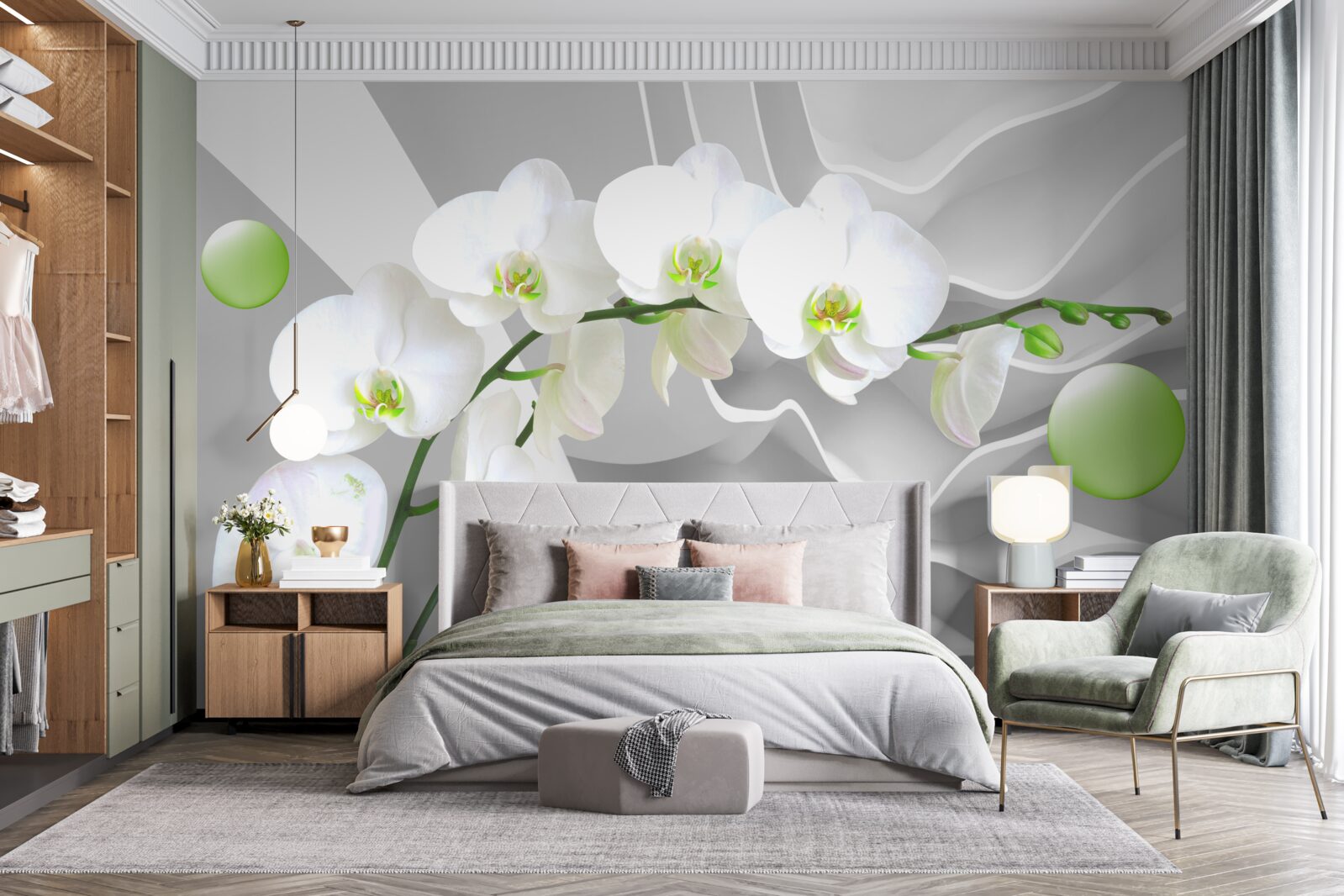 Fotobehang stiekem drijvende groene ballen en bleke orchidee