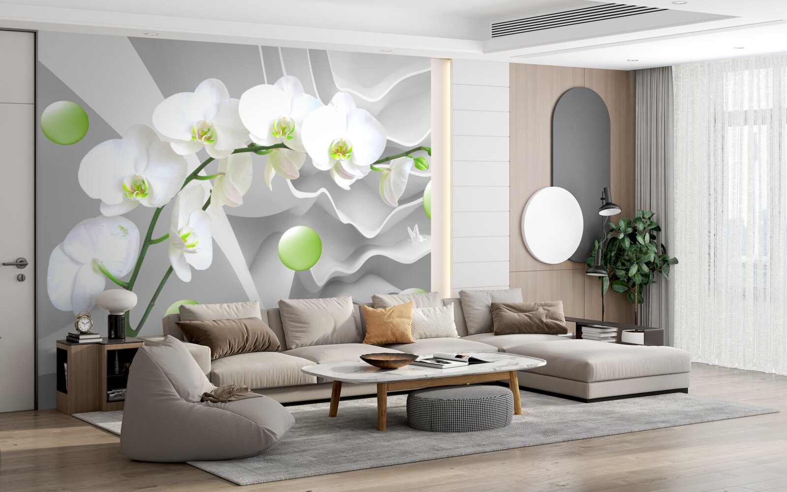 Fotobehang stiekem drijvende groene ballen en bleke orchidee