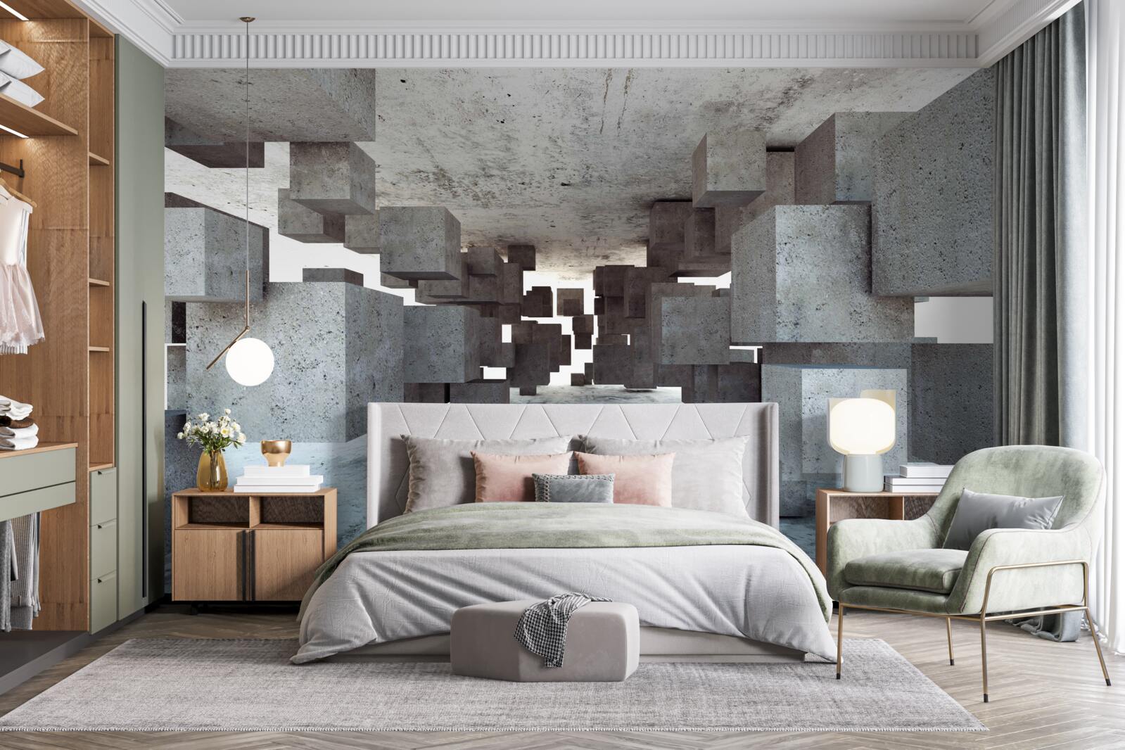 Fotobehang grijze kubussen zweven soepel in de tunnel en verdwijnen in de verte