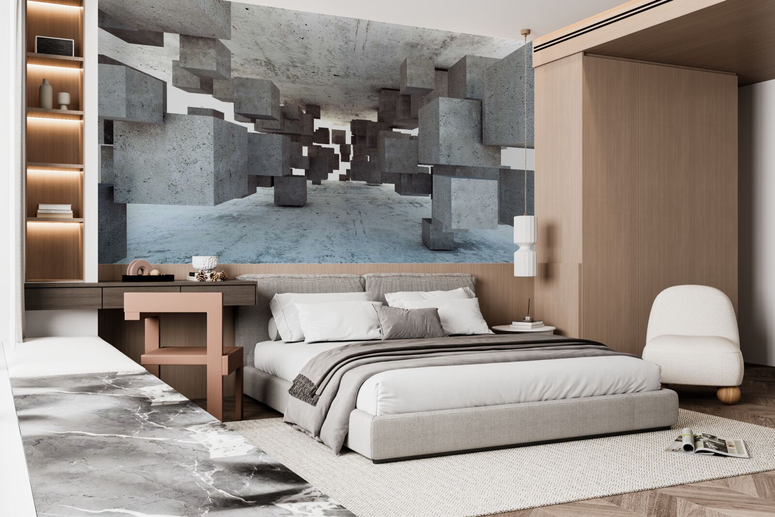 Fotobehang grijze kubussen zweven soepel in de tunnel en verdwijnen in de verte