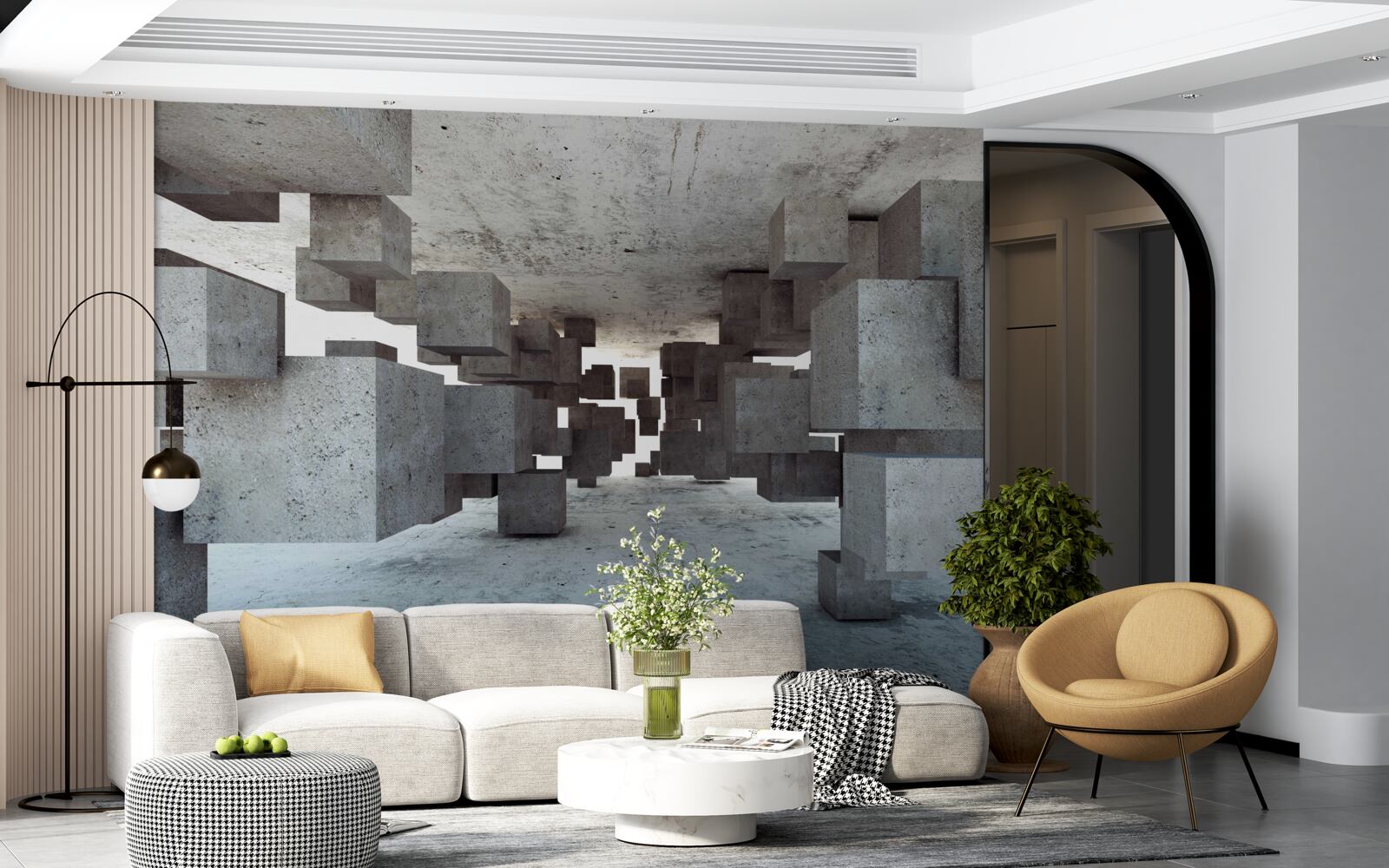 Fotobehang grijze kubussen zweven soepel in de tunnel en verdwijnen in de verte