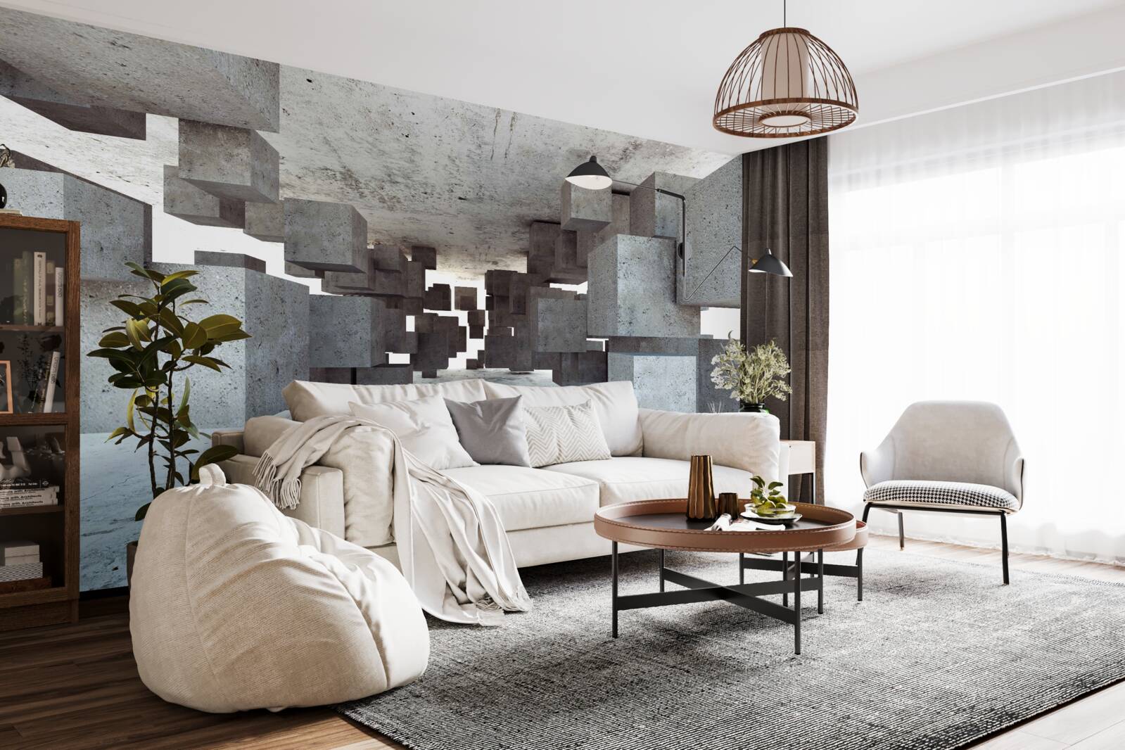 Fotobehang grijze kubussen zweven soepel in de tunnel en verdwijnen in de verte