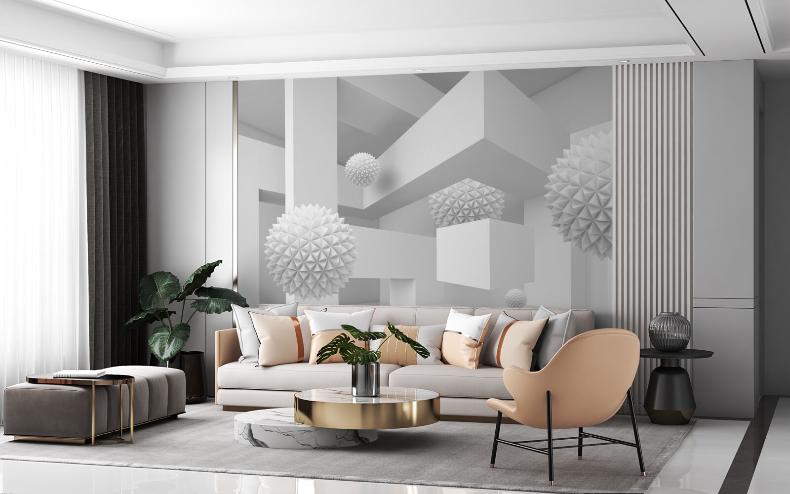 Fotobehang vliegende bollen in abstracte meetkunde