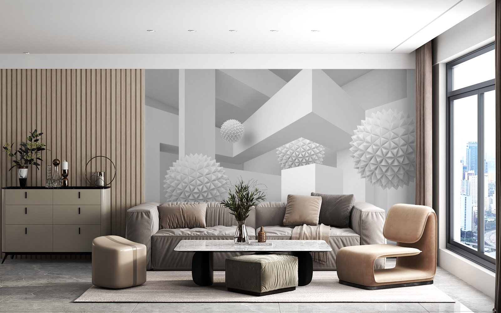 Fotobehang vliegende bollen in abstracte meetkunde