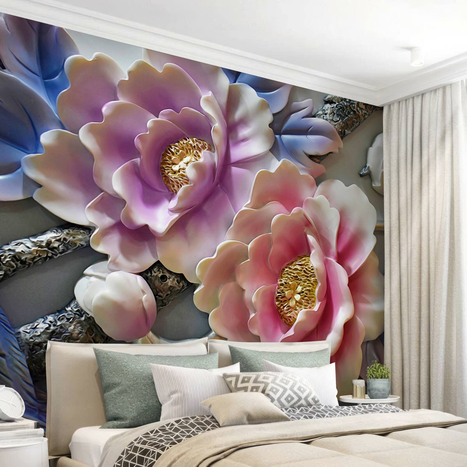 Fotobehang bloeiende bloemen in roze en lila