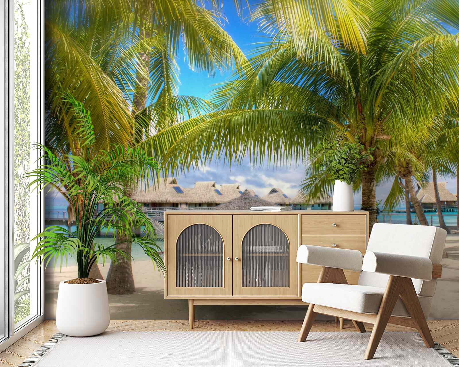 Fotobehang weelderige palmbomen en paviljoens langs de kust