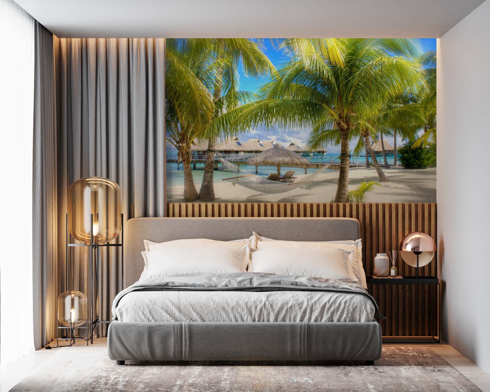 Fotobehang weelderige palmbomen en paviljoens langs de kust