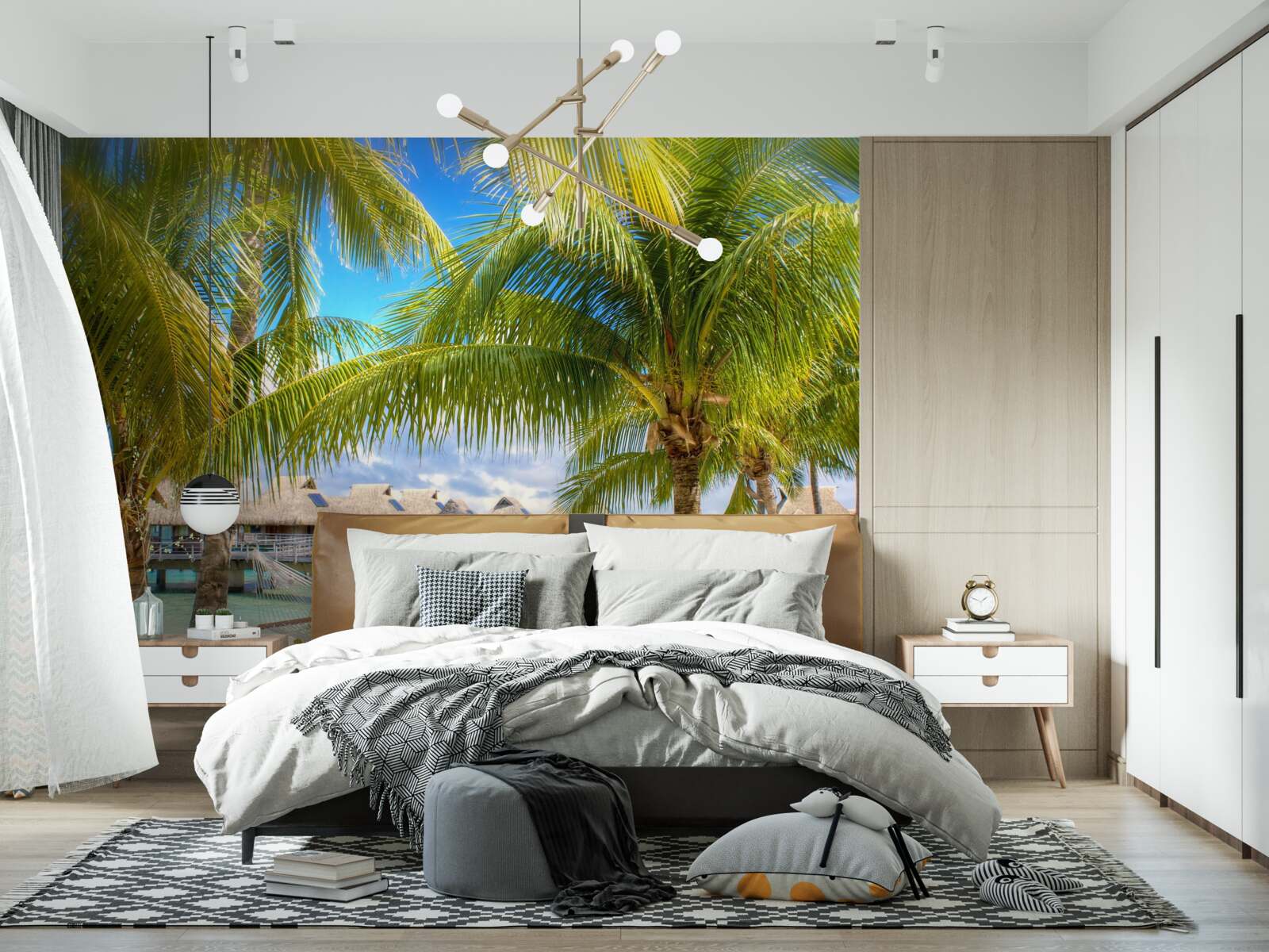 Fotobehang weelderige palmbomen en paviljoens langs de kust