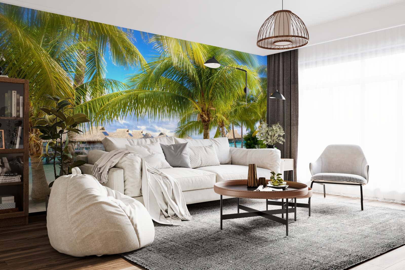 Fotobehang weelderige palmbomen en paviljoens langs de kust