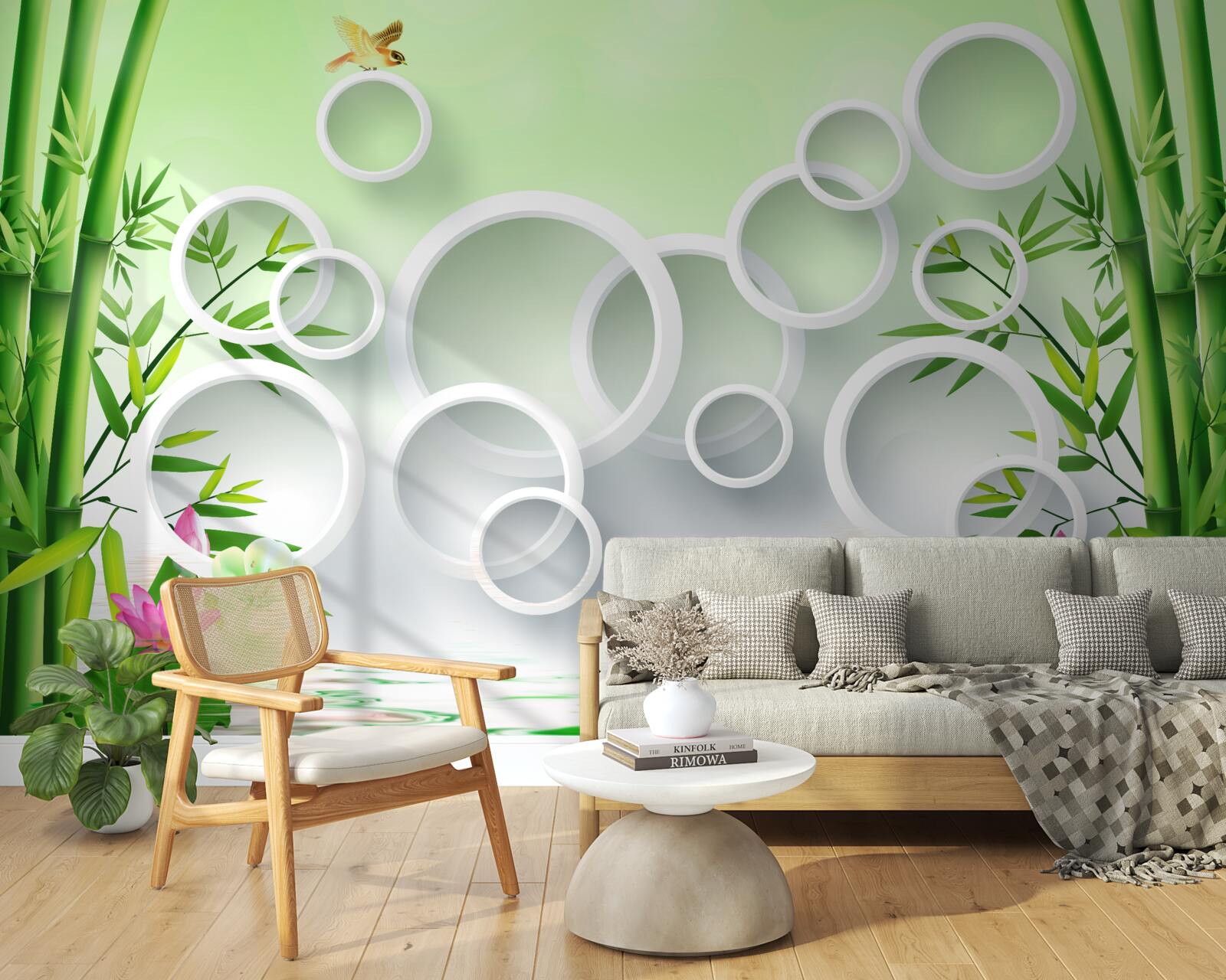 Fotobehang slanke groene bamboe en witte cirkels