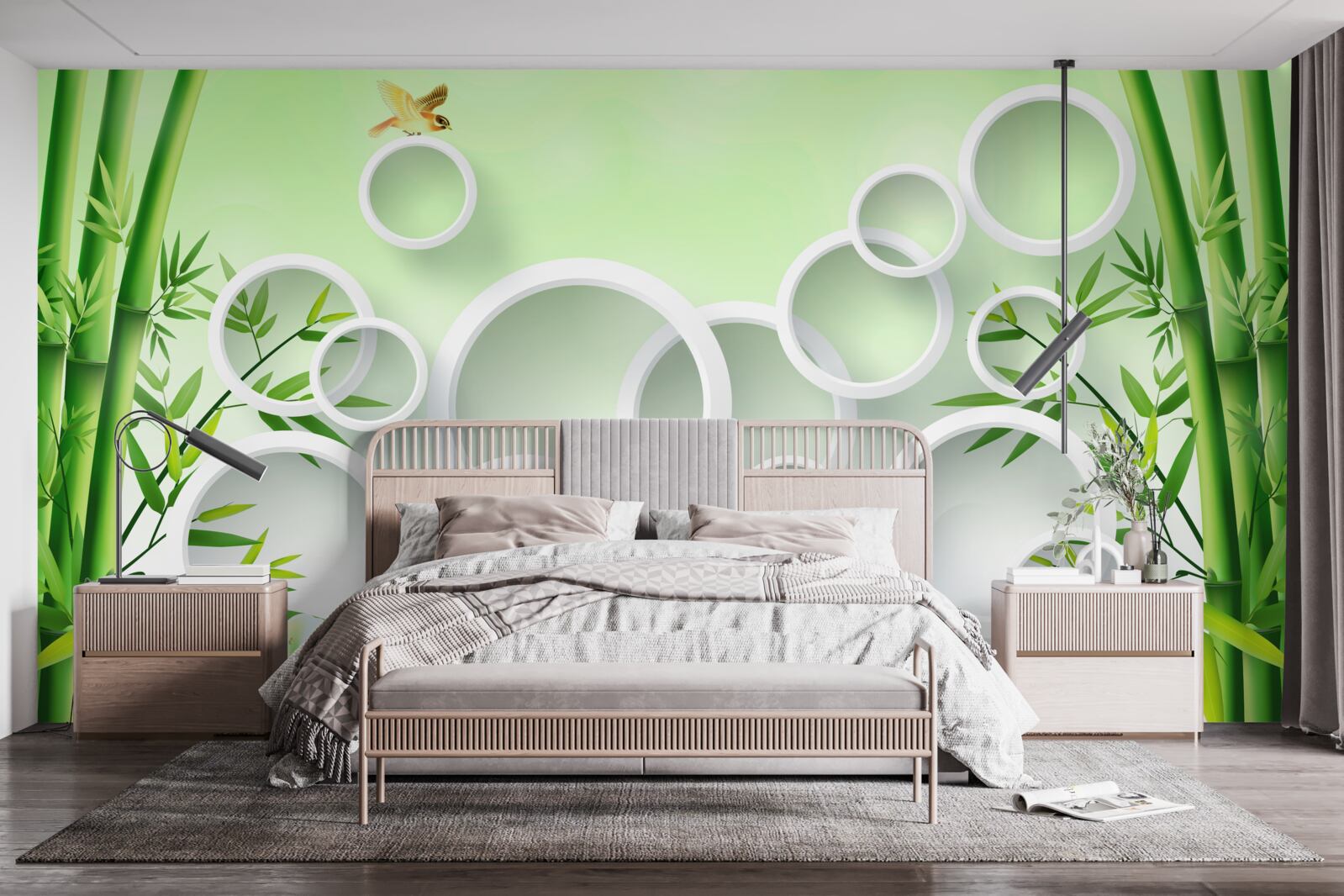 Fotobehang slanke groene bamboe en witte cirkels