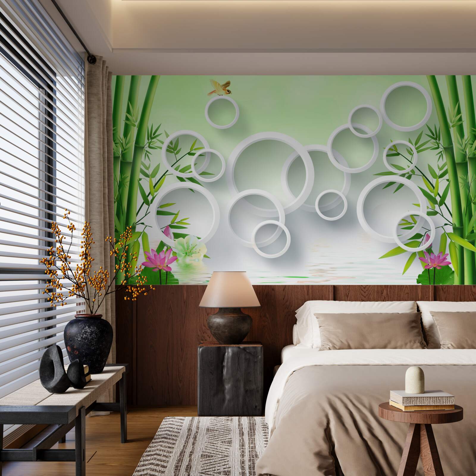 Fotobehang slanke groene bamboe en witte cirkels