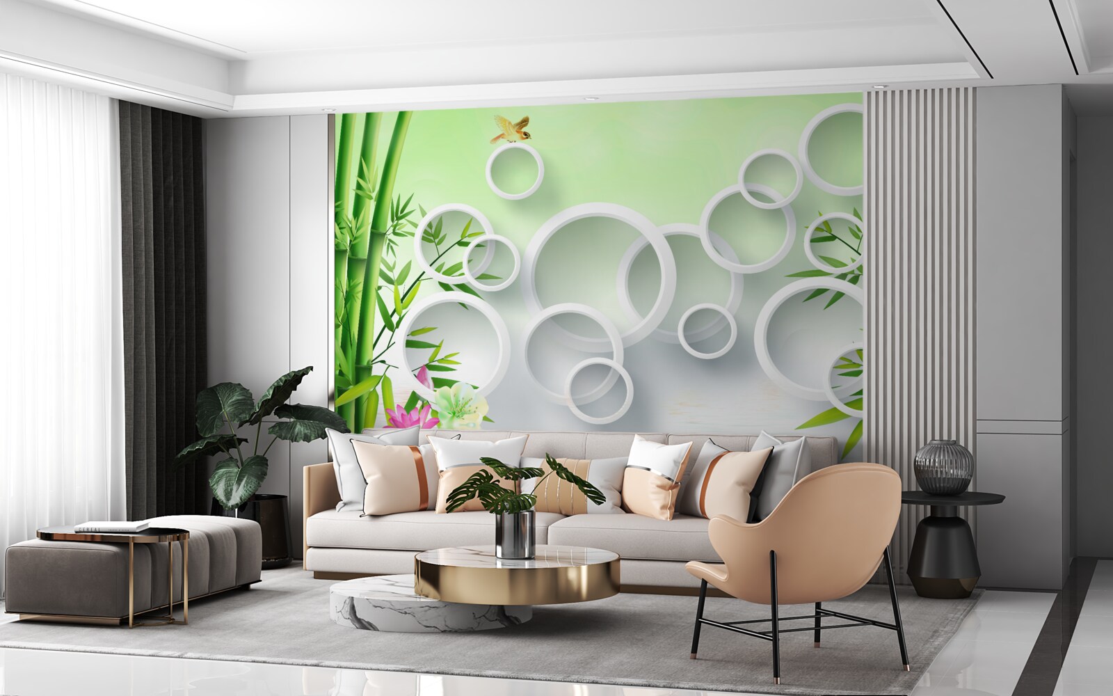 Fotobehang slanke groene bamboe en witte cirkels