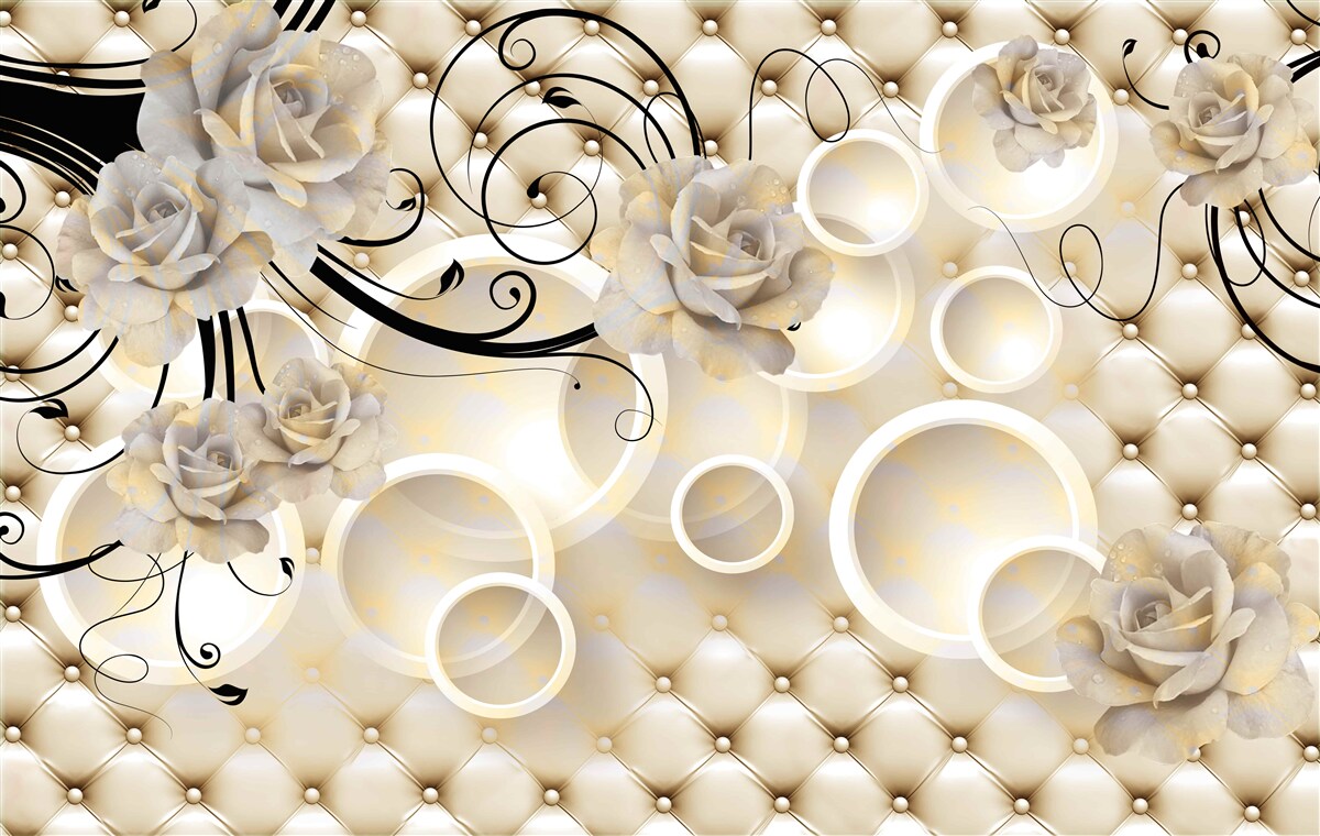 Fotobehang abstracte cirkels en stoffen met bloemmotieven