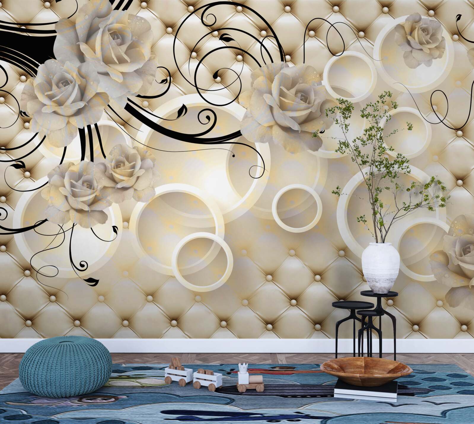 Fotobehang abstracte cirkels en stoffen met bloemmotieven