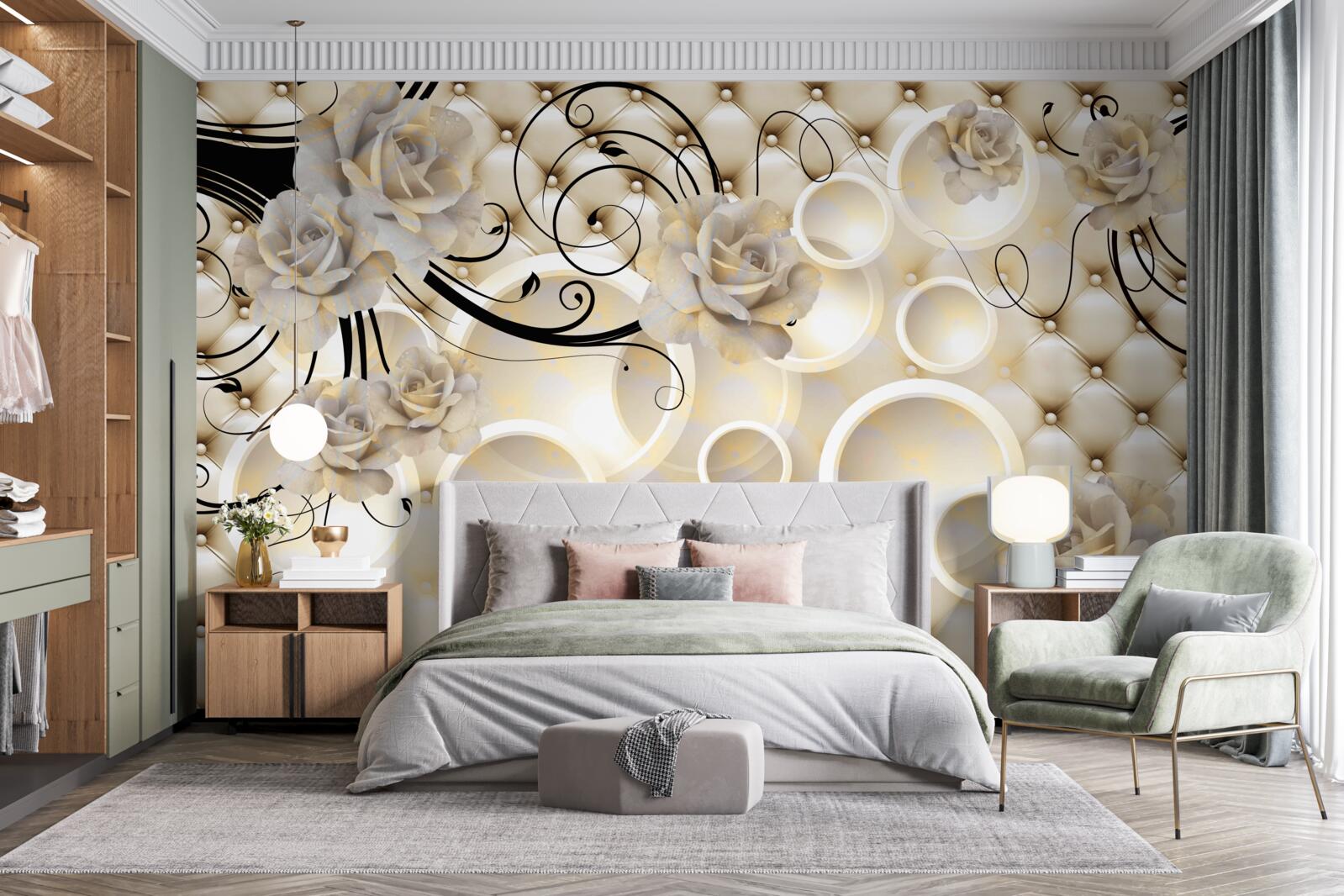 Fotobehang abstracte cirkels en stoffen met bloemmotieven