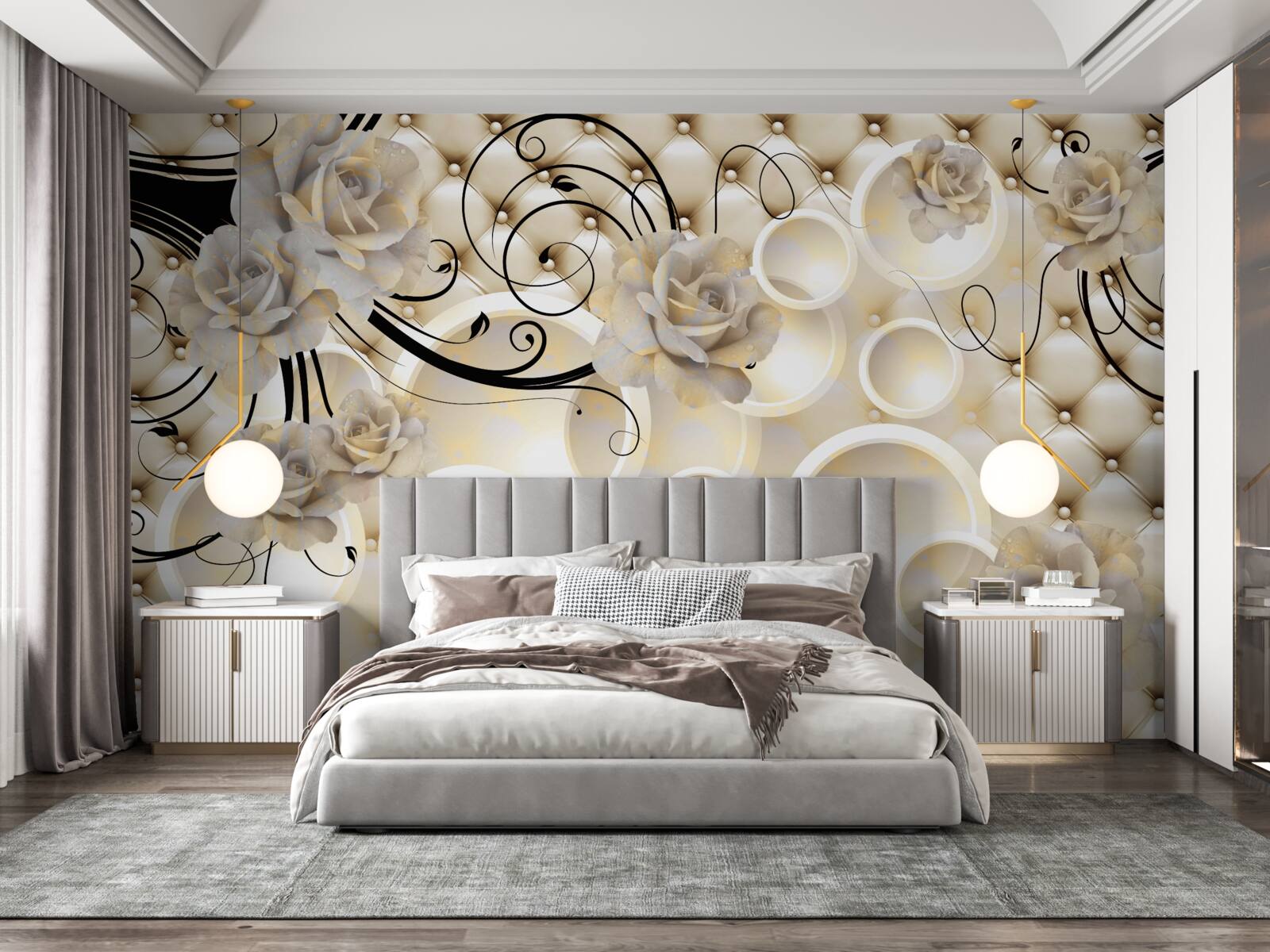 Fotobehang abstracte cirkels en stoffen met bloemmotieven