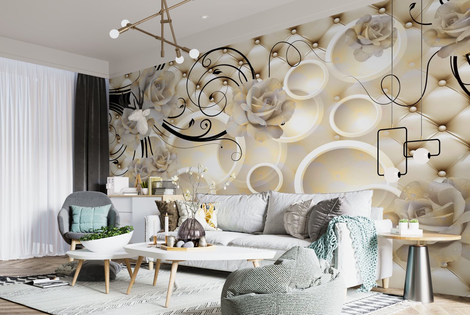 Fotobehang abstracte cirkels en stoffen met bloemmotieven