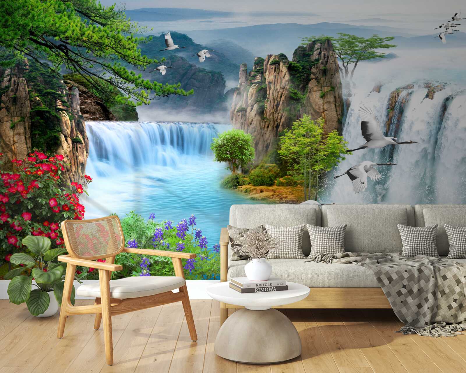 Fotobehang op een groene achtergrond verlicht de zonsondergang de prachtige watervallen