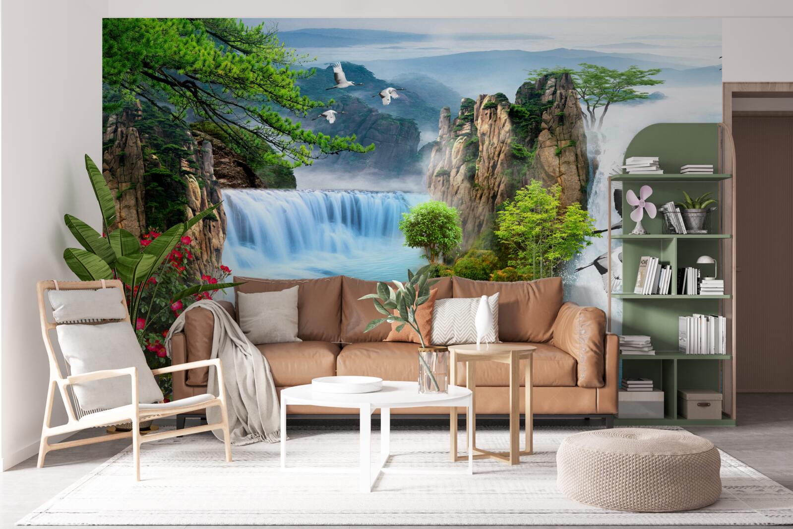 Fotobehang op een groene achtergrond verlicht de zonsondergang de prachtige watervallen