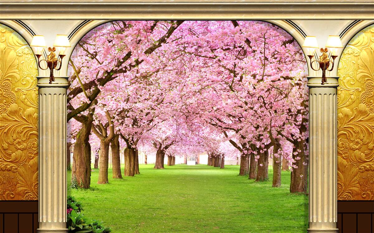 Fotobehang gewelf naar sakura laan