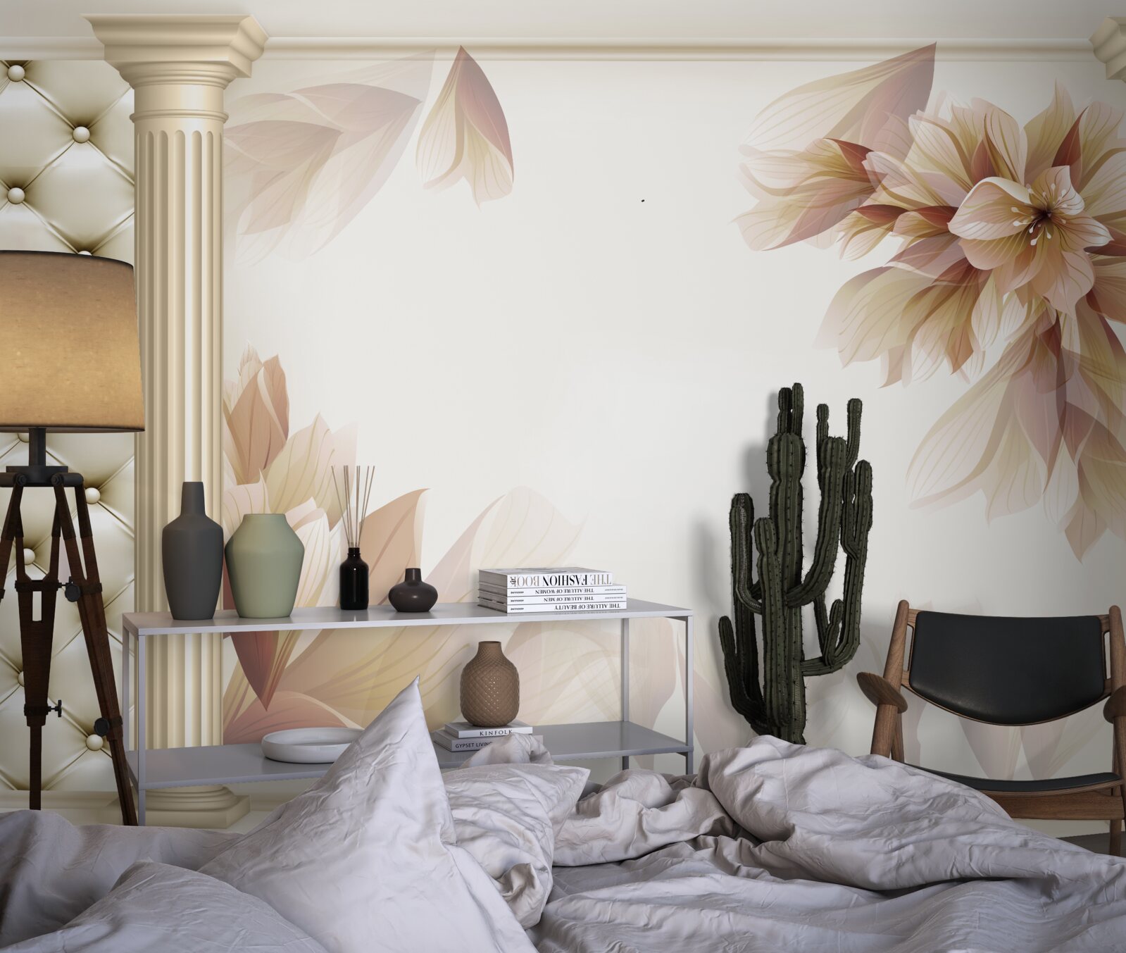 Fotobehang bloemen groeien bij hoge zuilen