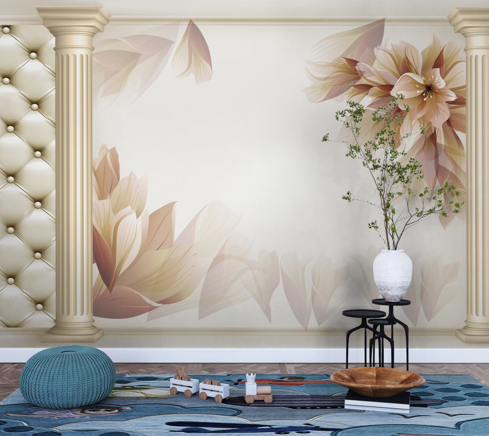 Fotobehang bloemen groeien bij hoge zuilen