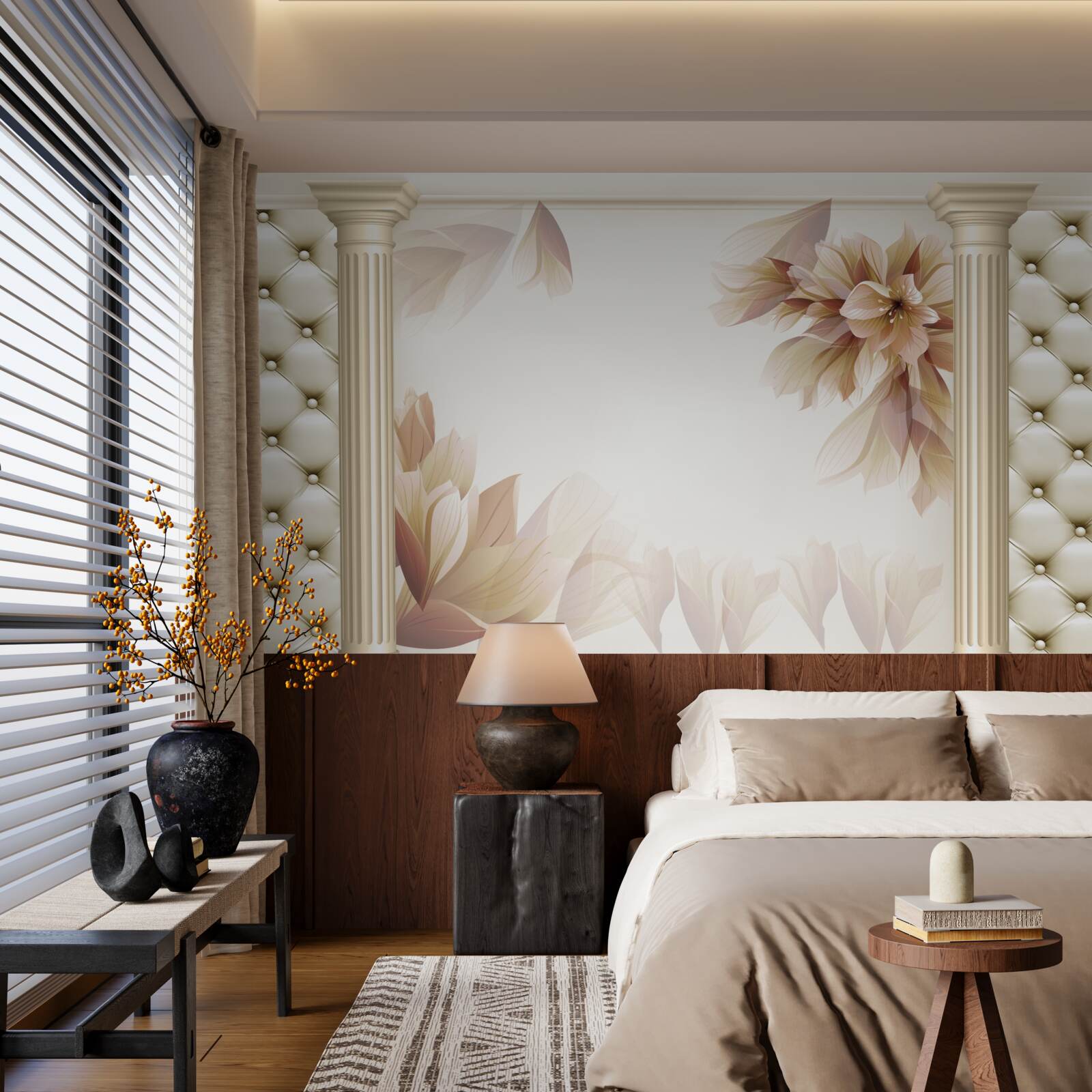 Fotobehang bloemen groeien bij hoge zuilen