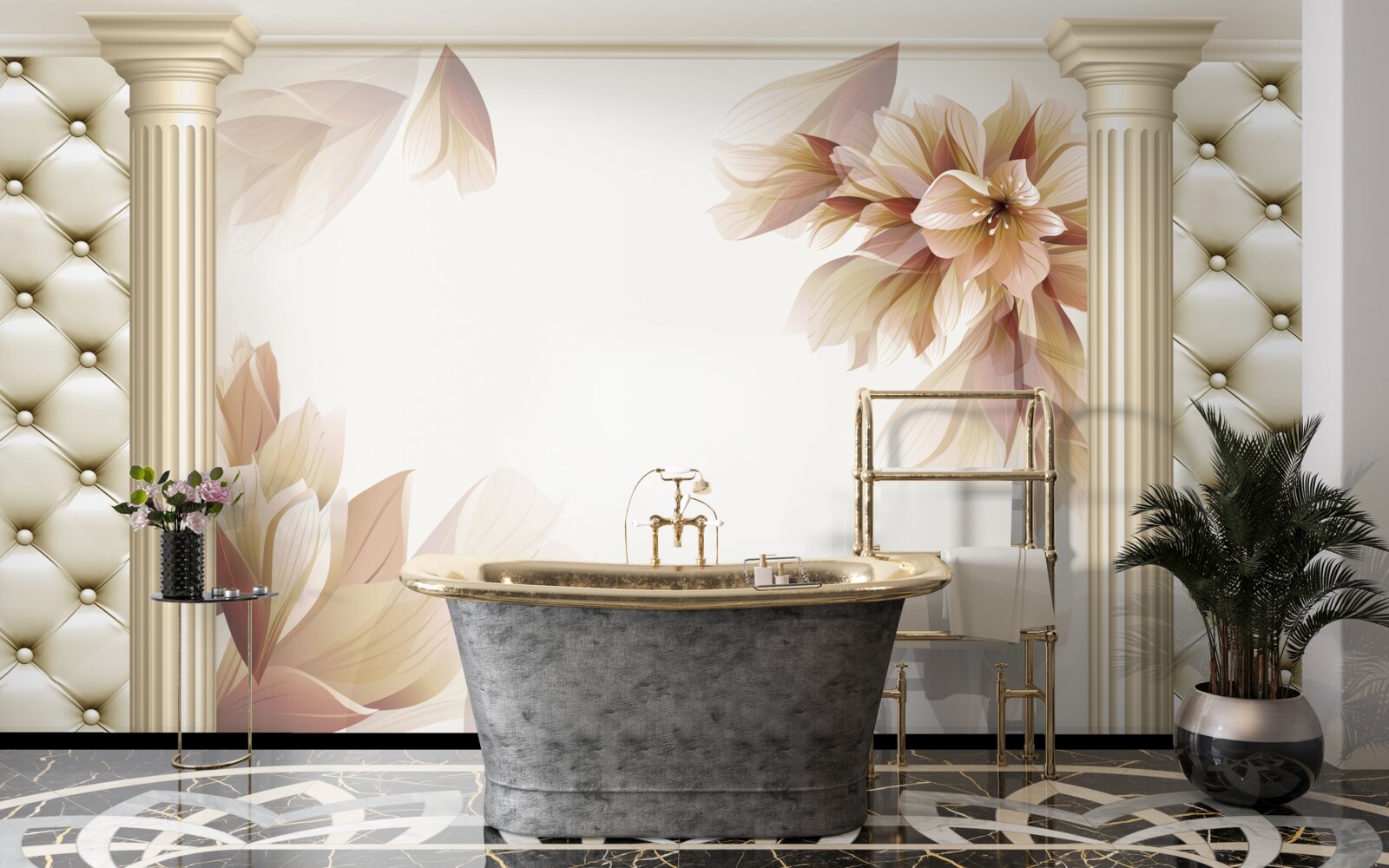 Fotobehang bloemen groeien bij hoge zuilen