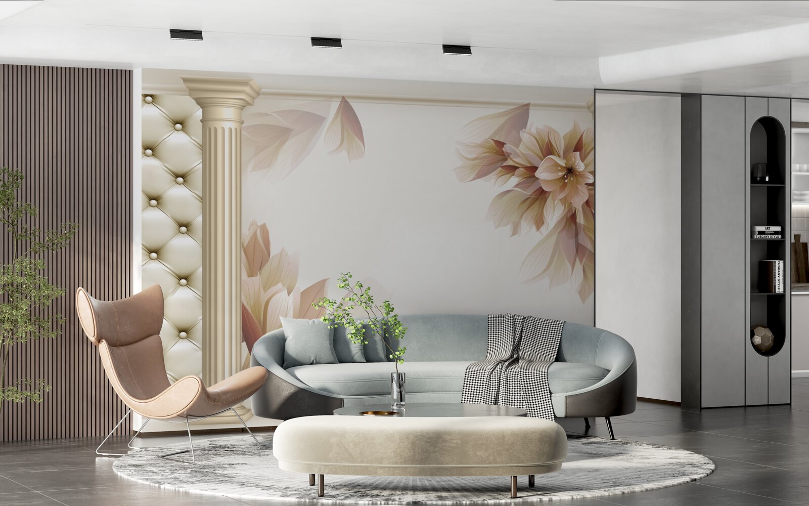 Fotobehang bloemen groeien bij hoge zuilen