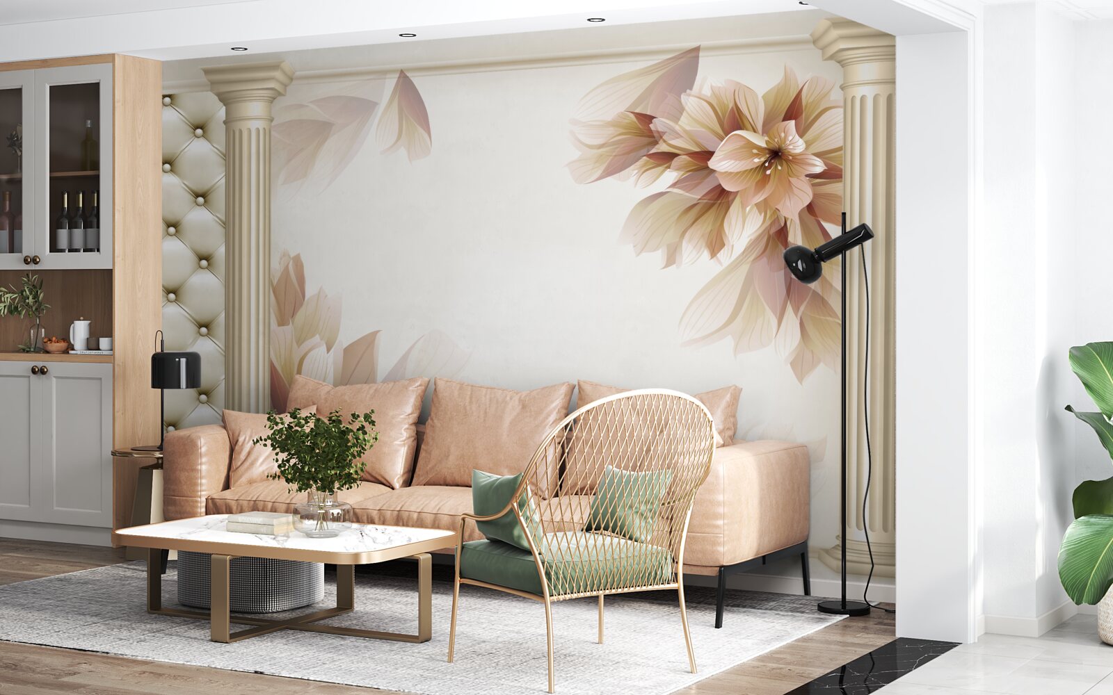 Fotobehang bloemen groeien bij hoge zuilen