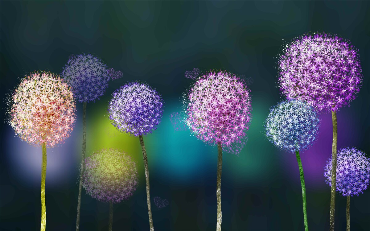 Fotobehang abstractie van gekleurde paardenbloemen in de schemering