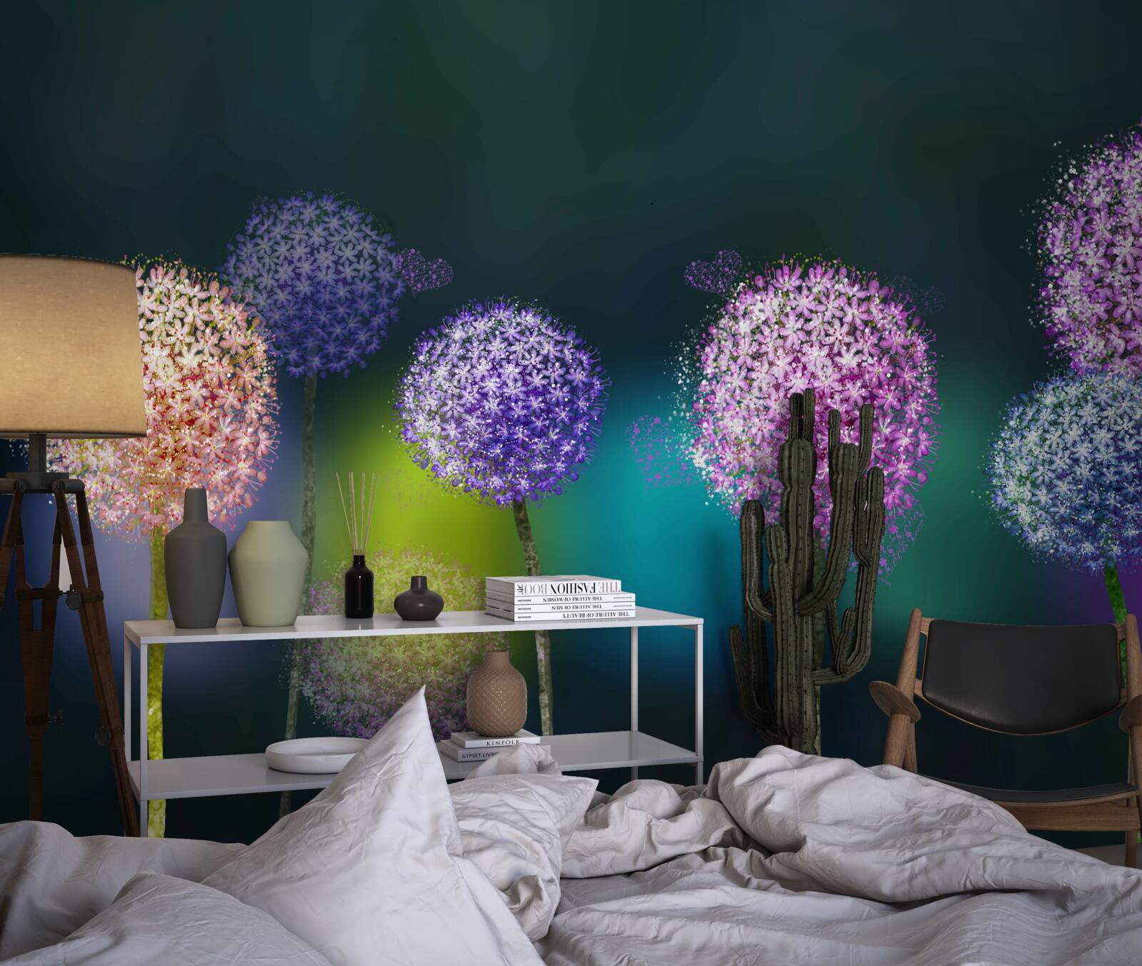 Fotobehang abstractie van gekleurde paardenbloemen in de schemering