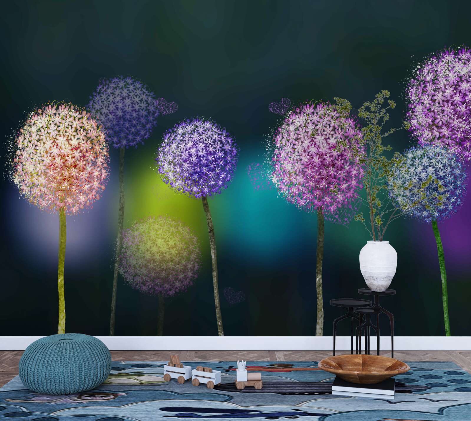 Fotobehang abstractie van gekleurde paardenbloemen in de schemering