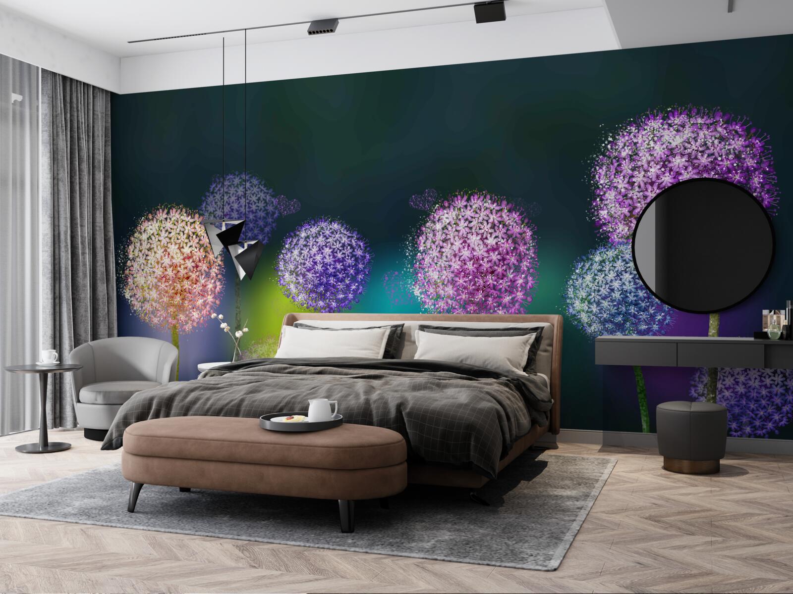 Fotobehang abstractie van gekleurde paardenbloemen in de schemering